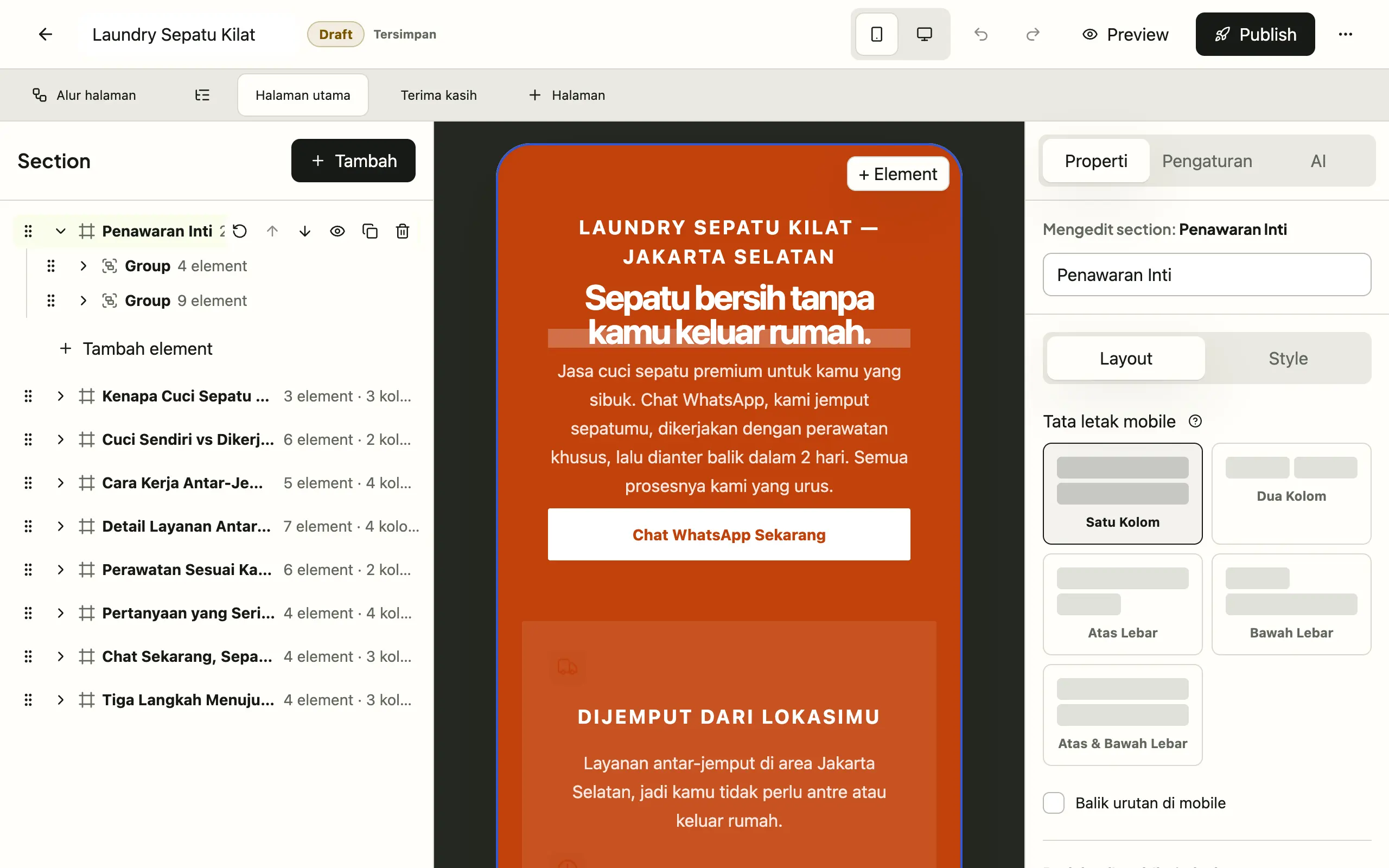 Editor Taroo membuka halaman Laundry Sepatu Kilat: daftar section di kiri, preview mobile di tengah, panel properti di kanan.